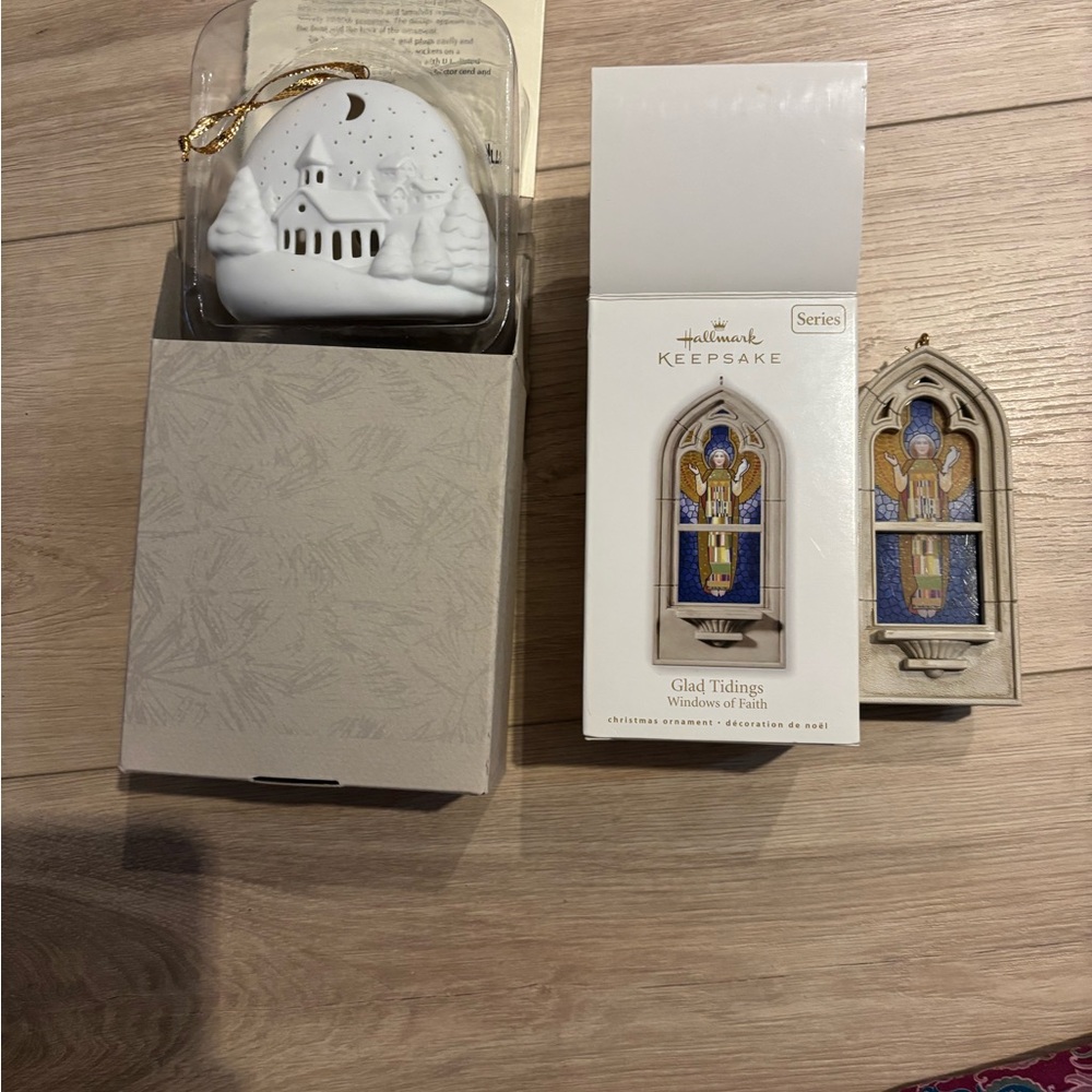 Hallmark Keepsake Ornament - two White and Gold Church with Blue Stained Glass